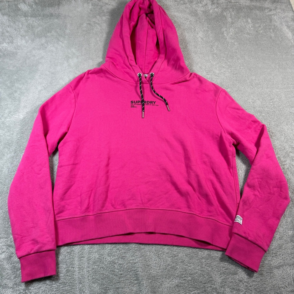 Superdry Hoodie Women Large US10 Pink Spellout Graphic Cropped Long Sleeve